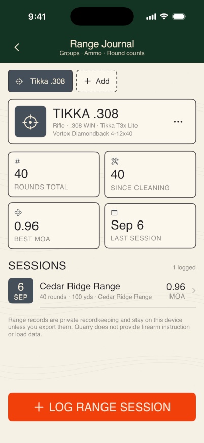 Quarry Range Journal showing a Tikka .308 profile, 40 total rounds, 40 rounds since cleaning, and a saved Cedar Ridge Range session.